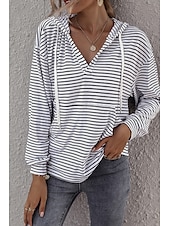 voordelige Dames Strepen &amp; Geometrische Tops-Dames Blouse Gestreept Casual Lange mouw Capuchon Normale tops Dagelijks Uitgaan Zak Wit Bruin Zomer