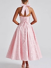 ieftine Casual / Nuntă de zi-Rochie A-line Rochie Jacquard Rochie Semi-formală Rochie cocktail Lungime midi Fără mâneci Guler halter Fundiță Spate descoperit cu detaliu cu dantelă Rochie pentru invitați la nuntă