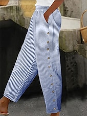 economico Pantaloni in cotone e lino con grafica-Per donna Pantaloni in cotone e lino Essenziale Casual Lunghezza intera Vita Alta A righe Tasca Elastico in vita Stampato Comodo All&#039;aperto Confortevole Streetwear Abbigliamento quotidiano Uscire