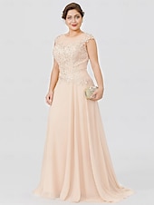 preiswerte Bodenlänge-A-Linie Mutter der Braut Kleid Hochzeitsgast Elegant Plus Size Illusionshals Sweep  Brush Zug Chiffon Perlenbesetzte Spitze Kurze Ärmel ohne Schleife(n) Falten 2025 kostenlose Maßanfertigung