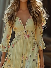 ieftine Rochii Boho-Pentru femei Rochie Mini Rochie florala Rochie Boho Rochie occidentală Clasic În aer liber Vacanță Ieșire Fit regulat Floare Manșon Lung În V Galben Deschis Vară