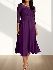 abordables Longueur du thé-Robe Mère de la Mariée A-Line Invité de Mariage Élégante Col Arrondi Longueur Thé Chiffon Manches 3/4 avec Plis Appliques Robe Midi 2025