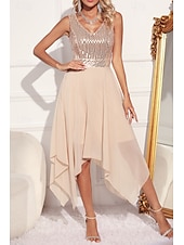 abordables Robes à paillettes-Femmes Robe Midi Robes à paillettes Robe de Soirée Robe Élégante Mode Soirée Coupe régulière Bloc de Couleur Sans manches Col en V Vert Abricot Été