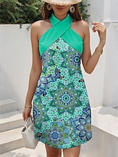 abordables Robes fleuries-Femmes Mini Robe Robe d&#039;Été Robe trapèze Vacances Occasionnel Extérieur Sortir Coupe régulière Fleuri Graphique Sans manches Col Halter Bleu Violet Vert Été