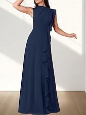 baratos Vestidos para Madrinhas-Vestido de dama de honra em corte A, decote redondo, sem mangas, elegante, longo, chiffon com babados / franzido 2025