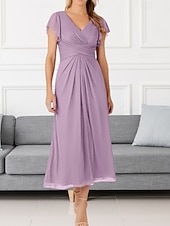 cheap Wedding Guest Dresses-A-Line Wedding Guest Dresses Elegant Dress Wedding Guest Engagement Tea Length Short Sleeve V Neck Chiffon with Pleats Ruched