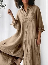 preiswerte Schlichte Hose aus Baumwollleinen-Damen Jumpsuit Aktiv Einfarbig Langarm Weit Bein Hemdkragen Knöpfe Tasche Urlaub Täglich Reguläre Passform Armeegrün Marineblau Khaki Sommer