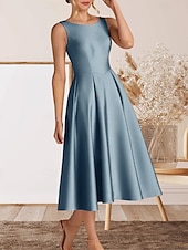 abordables Robes de cocktail-Robe cocktail A-Line élégante robe de retour à la maison cocktail party longueur thé sans manches col rond satin avec plis