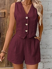 cheap Women&#039;s Blouse Suits-Women&#039;s Active Blouse Vest Shorts Sets Sleeveless V Neck Solid Color Dubbele Rij Knopen Holiday Casual Daily Black Wine Army Green Summer Regular Fit