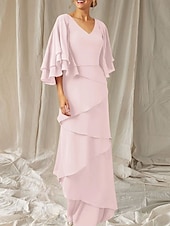 economico Lunghezza del pavimento-Abito Due Pezzi A-Line Madre della Sposa Ospite Matrimonio Elegante Inclusa Fascia V Collo Lunghezza del Pavimento Chiffon Manica Mezza Fascia Inclusa con Volant
