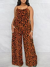 olcso Grafikus pamut vászonnadrág-Női Szabályos Jumpsuitek Utcai sikk Leopárd Ujjatlan U-alakú Zseb Utca Napi Normál Sárga Sötétkék Bíbor Nyár