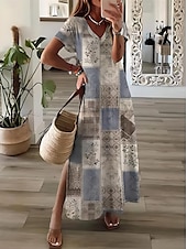 preiswerte Streifen- und geometrische Kleider-Damen Maxikleid Sommerkleid A Linie Kleid Urlaub Lässig Boho Ausgehen Strand Lässiger Schnitt Blumen Grafik Geometrisch Kurzarm V Ausschnitt Leicht Braun Blau Himmelblau Grau Sommer Frühling