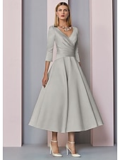 voordelige Vloerlengte-Strand Bruiloft A-Lijn Gouden Jurken Moeder van de Bruid Jurk Bruiloft Gast Elegante Vintage Plus Size V Hals Thee Lengte Satin 3/4 Lengte Mouw met Plissé dress to impress 2025 gratis op maat gemaakt