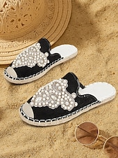 cheap Vacation Sandals-Women&#039;s Luxury Pearl Embellished Black Slide Sandals – Elegant Boho Summer Flats for Beach Weddings, Vacations, Festivals, and Resort Wear