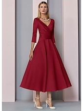 voordelige Vloerlengte-Strand Bruiloft A-Lijn Gouden Jurken Moeder van de Bruid Jurk Bruiloft Gast Elegante Vintage Plus Size V Hals Thee Lengte Satin 3/4 Lengte Mouw met Plissé dress to impress 2025 gratis op maat gemaakt