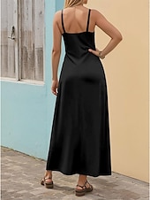 preiswerte Einfaches Kleid-Damen Maxikleid A Linie Kleid Unterkleid Urlaub Lässig Strand Hochzeit Outdoor Party Normale Passform Einfarbig Ärmellos V Ausschnitt Schwarz Rosa Rote Blau Sommer Frühling