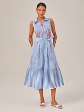 preiswerte Blumenkleider-Sommerliches, gestreiftes, besticktes, ärmelloses, mittellanges Kleid