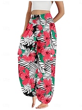 economico Pantaloni in cotone e lino con grafica-Per donna Pantaloni ispirati al lino Gamba larga Pantaloni Stile Etnico Casual Boho Lunghezza intera Vita Alta Floreale Foglia Tropicale Tasca Elastico in vita Stampa Traspirabilità Morbido