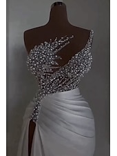 preiswerte WEISS-Meerjungfrau  Trompeten Abendkleid Elegantes Kleid Karneval Maskerade Bodenlänglich Ärmellos Schulterfrei Satin mit Perlen Überrock