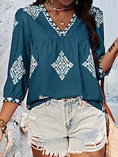 baratos Tops Boho Femininos-Mulheres Blusa Geométrica Boêmia Casual Manga 3/4 Manga Princesa Decote V Tops regulares Diário Imprimir Rosa Azul Marinha Roxo Verde Verão Primavera