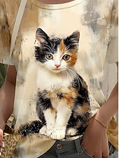 tanie Koszulka ze zwierzętami-Damskie Podkoszulek Nadruk Graficzny Zwierzę Kot Elegancki Klasyczny Nowoczesny Krótki rękaw Półgolf Okrągły dekolt Zwykłe topy Codzienny Wyjściowe Weekend Jasnobrązowy Lato Wiosna