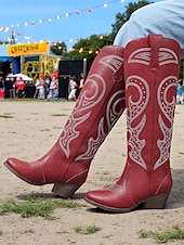 ieftine Cizme Cowboy &amp; Western-cizme de cowboy occidentale de damă cu design brodat – cizme elegante maro cu toc bloc pentru festivaluri de muzică, îmbrăcăminte casual și evenimente în aer liber