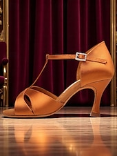 voordelige Latin dansschoenen-Satijnen cross-strap latin dansschoenen voor dames met middelhoge hakken – elegante ballroom performance hakken voor volwassenen