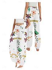billiga Grafisk linnebyxa i bomull-Dam Linneinspirerade byxor Brett skaft Byxor Etnisk Stil Ledigt Boho Fullängd Hög midja Blommig Ficka Elastisk midja Tryck Mateial som andas Mjuk Microelastisk Utomhus Yoga Vit Gul Rosa Purpur Sommar
