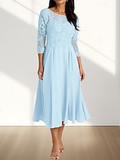 abordables Longueur du thé-Robe Mère de la Mariée A-Line Invité de Mariage Élégante Col Arrondi Longueur Thé Chiffon Manches 3/4 avec Plis Appliques Robe Midi 2025