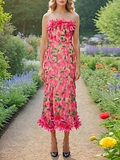 abordables Robes de cocktail-Robes Fourreau  Colonne Robe Rose Fuchsia Invité de Mariage Robe de Cocktail Sans Manches Sans Épaule Fleurs avec Dentelle Brodée