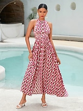 preiswerte Blumenkleider-Damen Resortkleidung Maxikleid Rosa Ärmellos Geometrisch Spitzenbesatz Frühling &amp; Sommer Neckholder Elegant Strandurlaub S M L