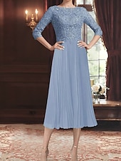 abordables Moins de 129,99 $-Robe Robe de Mère de Mariée  Élégant ancien Simple Col ras du cou Longueur thé Polyester Manche 3/4 avec Dentelle Couleur Unie 2025