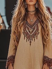 levne Boho šaty-Dámské Midi šaty Boho šaty Šaty s potiskem Westernové šaty Módní Moderní Venkovní Dovolená Běžný Květiny Dlouhý rukáv Do V Khaki Léto