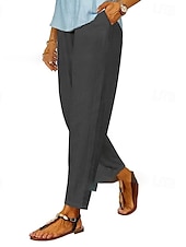 economico Pantaloni in lino e cotone semplici-Per donna Pantaloni in cotone e lino Pantaloni Eleganti Casual Lunghezza intera Naturale Semplice Tasca Elastico in vita Comodo All&#039;aperto Confortevole Ferie Uscire Cammello Nero Bianco Blu Estate