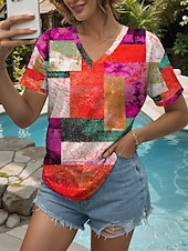 abordables T-shirt rayé et géométrique-Femmes T-shirt Graphique Géométrique ancien Élégant Classique Manche Courte Col en V Hauts Réguliers Quotidien Imprimé Jaune Rouge Bleu Été Printemps