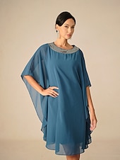 preiswerte abendkleider-Damen Knielanges Kleid Chiffonkleid Elegant Party Einfarbig Halbarm Rundhalsausschnitt Blau Sommer Frühling Herbst