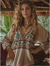 economico Top Boho da Donna-Per donna Blusa Floreale Grafico Paisley Bohemien Vintage Tropicale Manica 3/4 Scollo a V Top Regolari Beige Estate Primavera