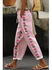economico Pantaloni in cotone e lino con grafica-Per donna Pantaloni in cotone e lino Pantaloni Eleganti Casual Lunghezza intera Naturale Floreale Tasca Stampa Design con Coulisse Elastica Comodo Confortevole Streetwear Uscire Nero grigio Magenta
