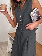 abordables Ensembles chemisiers pour femmes-Femmes Actif Mode Chemisier Gilet Ensembles de Pantalons Sans manches Col en V Couleur Unie Dubbele Rij Knopen Extérieur Fête Noir Marron Gris Été Coupe régulière
