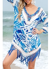 abordables Robes de plage-Femmes Maillots de Bain Vêtement couvrant Maillot de bain Ourlet à franges Tropical Tenues de plage Fleur Fil en V manche longue Maillots de bain