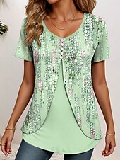 billige Blomster t-skjorte-Dame T skjorte Blomstret Grafisk Elegant Årgang Stilfull Kortermet Crew-hals Rund hals Vanlige topper Daglig Ut på byen Lapper Knapper Lag-på-lag Lysegrønn Rosa Lyseblå Sommer Vår