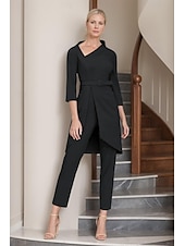 preiswerte Hosenanzüge für Mama-Zweiteiliger Hosenanzug Mutter der Braut Einfach Minimalistisch Lässig V-Ausschnitt Knöchellang Crepe 3/4 Ärmel mit Gurt  Band