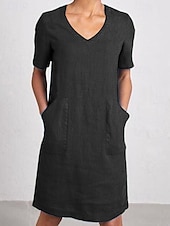 abordables concevoir des robes en coton et lin-Femmes Mini Robe Robe d&#039;été Occasionnel Quotidien Uni Manche Courte Col en V Noir Jaune Bleu Vert Été