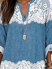 economico Top Floreali-Blusa da donna tunica V collo manica lunga boho casual top stampa 3D grafica floreale vintage stilosa top regolari quotidiani da vacanza stampa blu denim blu viola