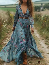 preiswerte Ausgefallene Kleider-Damen Langes Kleid Maxikleid Blumenkleid Boho-Kleid Westernkleid Elegant Mode Modern Outdoor Urlaub Täglich Normale Passform Blume Langarm V Ausschnitt Blau Sommer