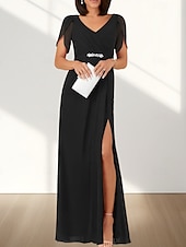 cheap Wedding Guest Dresses-A-Line Wedding Guest Dresses Elegant Dress Wedding Guest Engagement Floor Length Short Sleeve V Neck Chiffon with Ruched Beading Slit