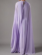 preiswerte lila-Cape Kleid Sheath  Column Abendkleid Elegantes Kleid Formale Hochzeit Bodenlang Ärmellos Rundhalsausschnitt Chiffon