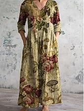 preiswerte Blumenkleider-Damen Langes Kleid Maxikleid Freizeitkleid Sommerkleid Boho-Kleid Mode Urlaub Täglich Wochenende Normale Passform Blumen Langarm V Ausschnitt wasserblau Blau Dunkelgrün Braun Sommer