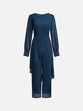 preiswerte Unter 129,99 $-Hosenanzug Brautmutter Klassischer Rundhalsausschnitt Asymmetrischer Saum Chiffon Lange Ärmel mit Einfarbig