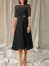 abordables Longueur du thé-Robe Mère de la Mariée A-Line Invité de Mariage Élégante Col Ras du Cou Longueur Thé Chiffon Manches Mi-longues avec Sash  Ruban Robe Midi Froncée